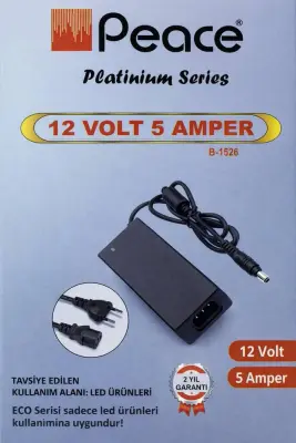 Peace B-1526 220 Volt 12 Volt 5 Amper 5.5x2.5 mm Uçlu Plastik Kasa Adaptör