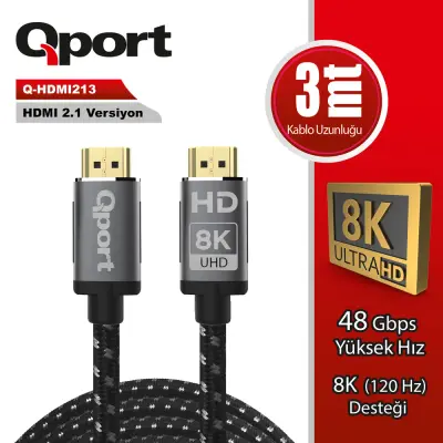 Qport Q-HDMI213 HDMI Kablo 3 MT 2.1V 8K Altın Uçlu Örgülü