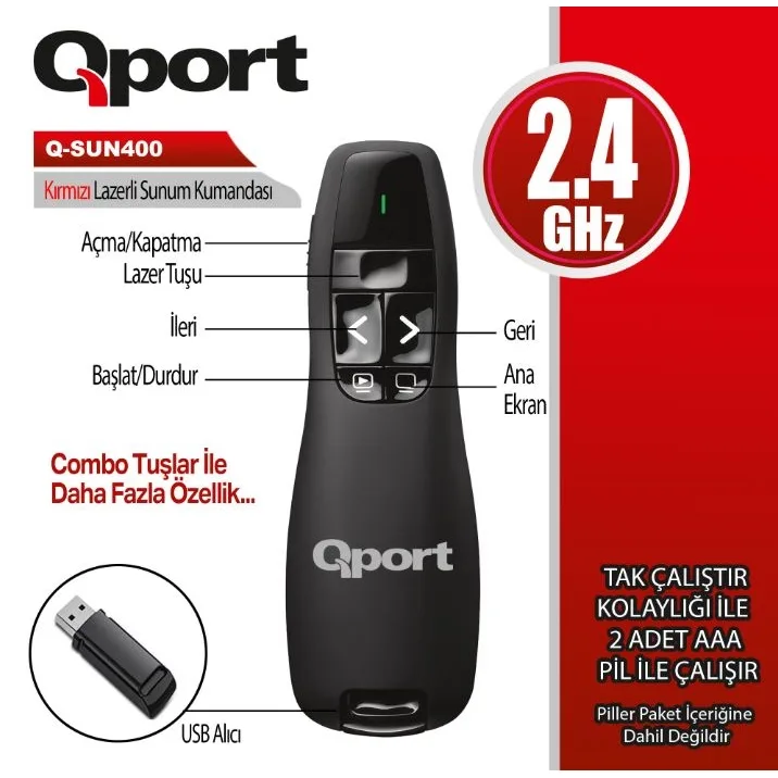 Qport Q-SUN400 2.4 GHZ Kırmızı Lazerli Kablosuz Presenter Siyah