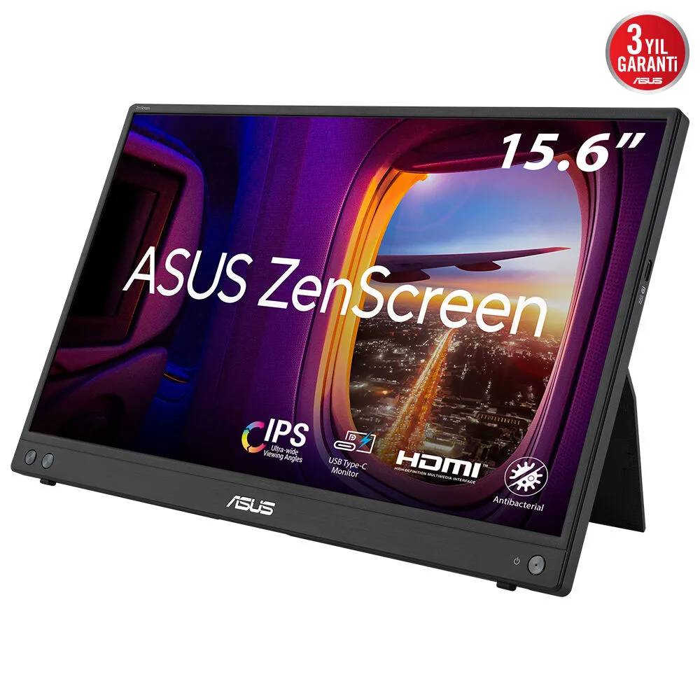 Asus Zenscreen MB16AHV 15.6 IPS 1920x1080 5ms 60Hz 250cd USB-C 3YIL Mat Ekran, USB-C To A Adaptor, Düşük Mavi Işık, Antıbakteriyal Kaplama Taşınabilir USB Monıtor