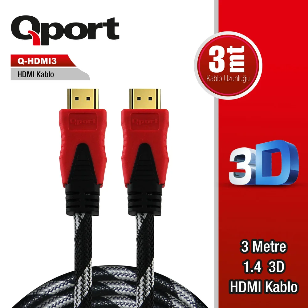 Qport Q-HDMI3 HDMI Kablo 3MT Ver1.4 Altın Uçlu 3D