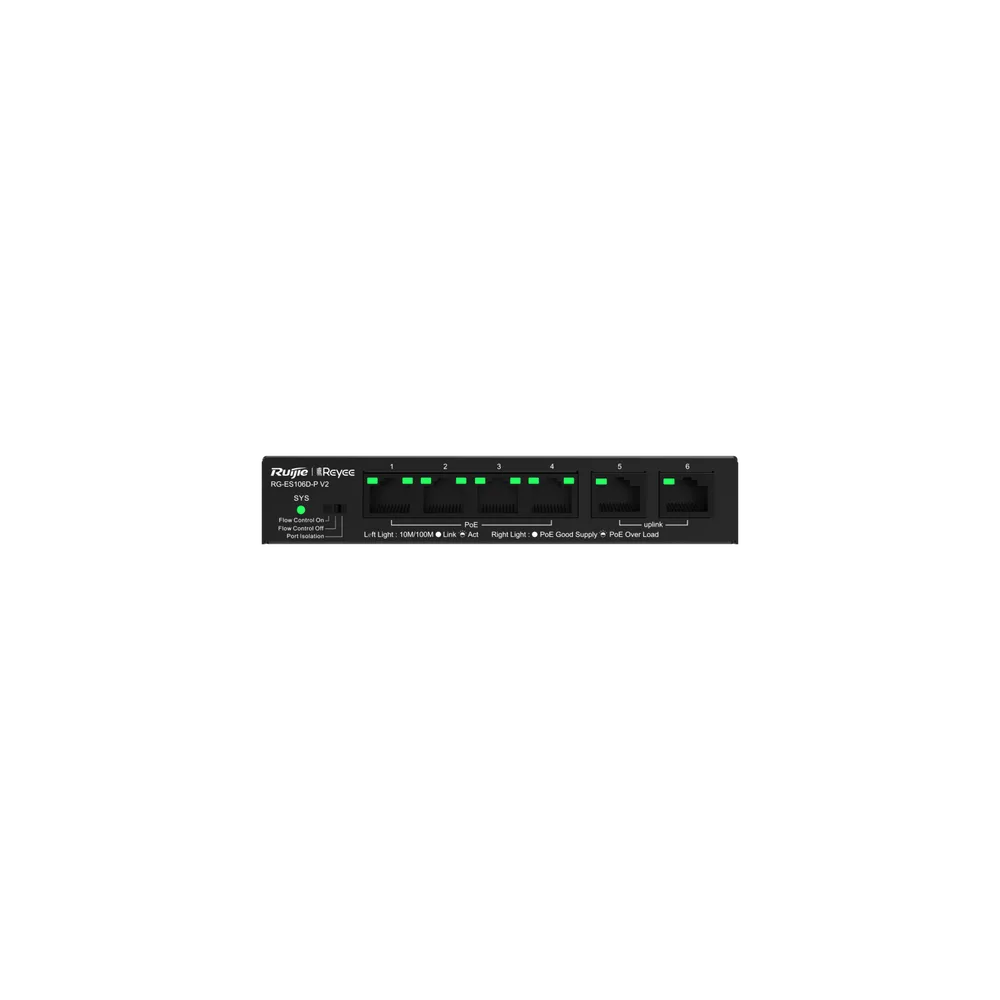 Ruijie Reyee RG-ES106D-P 4 Port 100 Mbps PoE+ / 2 Port 100 Mbps Uplink 54W Yönetilemez Switch